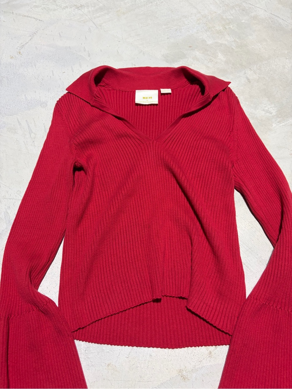 Anthropologie Maeve Red Ribbed V-Neck Bell Sleeve Sweater medium - Picture 2 of 10